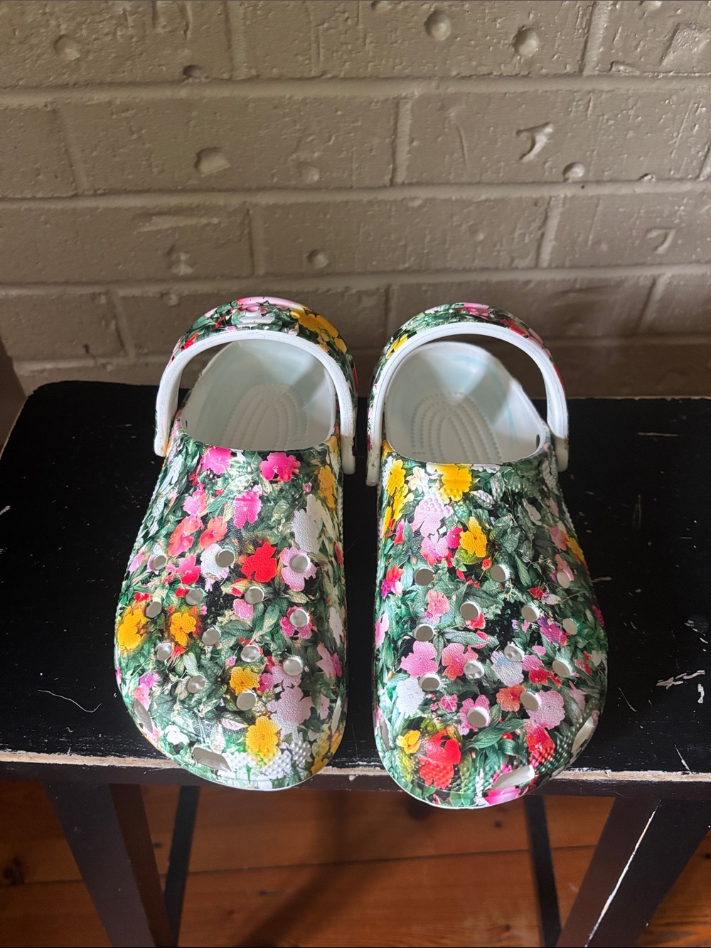 CROCS Kids Floral Garden Clogs - Green with Pink & Yellow Flowers
